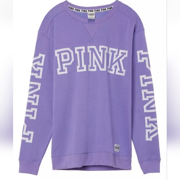 Victoria's Secret PINK Campus Crew Sweatshirt Size Large Purple Big Spell Out - Picture 1 of 9